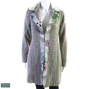 True Meaning Woven Knit Long Jacket Multicolor Floral Trim Textured Coat Size 4